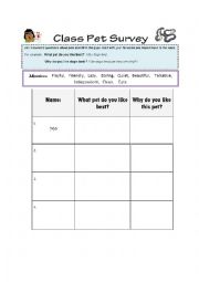 English Worksheet: Class Pet Survey