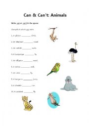 English Worksheet: Can-Cant Gap fill: Animals (and their abilities)