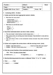 English Worksheet: 9th form Mid-Term Test n 3
