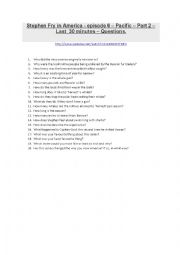 English Worksheet: Stephen Fry in America - Episode 6 - Part 2 - Comprehension questions and answers.