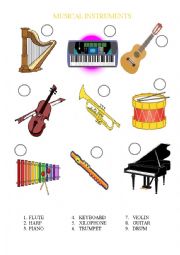 English Worksheet: Number the musical instruments