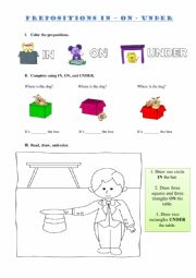 English Worksheet: In-On-Under (B&W included)