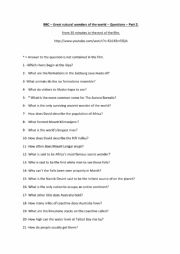 English Worksheet: BBC - Great natural wonders of the world - Part 2 - Comprehension questions and answers.