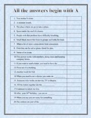 English Worksheet: Vocabulary Review:  A words 