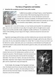 English Worksheet: Greek Mythology - Pygmalion and Galatea