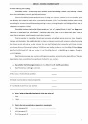 English Worksheet: FRIENDSHIP - 9th  grade Test