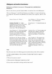 English Worksheet: Shakespeare and Modern Consciousness