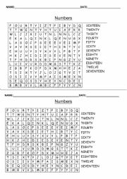 English Worksheet: Numbers Search word