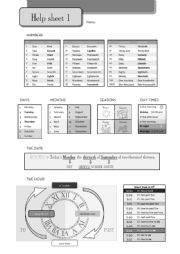 English Worksheet: Help Sheet - Numbers, Days, Months, Seasons, Daytimes, Dates, Hours