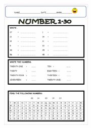 English Worksheet: NUMBERS 0 -30