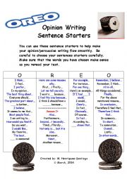 English Worksheet: Opinion / Persuasive Writing Sentence Starters- O.R.E.O. Model