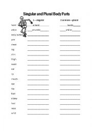 English Worksheet: Singular (a or an) or Plural Body Parts