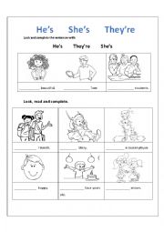 English Worksheet: PRONOUNS HES / SHES / THEYRE
