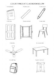 English Worksheet: Coloring things at classroom