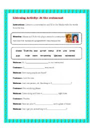 English Worksheet: Listening Activity: At the restaurant