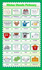 English Worksheet: kitchen utensils pictionary