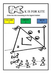 English Worksheet: Letter K and colors green - yellow- blue