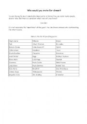 English Worksheet: Who would you invite for dinner? - Editable