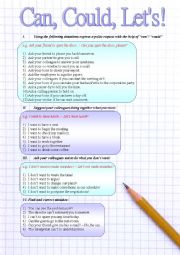 English Worksheet: Can, could, lets!