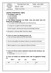 English Worksheet: Third Mid-Term Test for First form