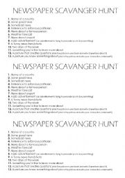 English Worksheet: Newspaper Scavenger Hunt