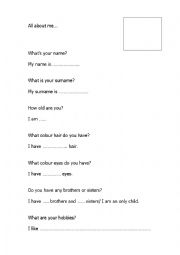 English Worksheet: All about me