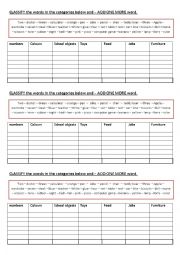English Worksheet: classify the words