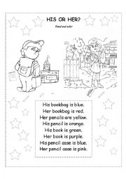 English Worksheet: His Her School Objects Read and Color