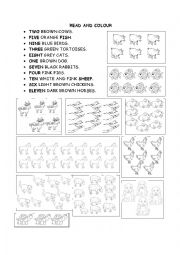 English Worksheet: Numbers, animals and colours
