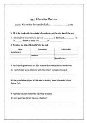 English Worksheet: lesson 9: Alexander Graham Bell (bac)