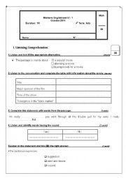 English Worksheet: 4th Form First Term Test 2014