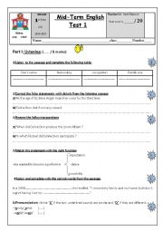 English Worksheet:    Mid-Term English Test 1