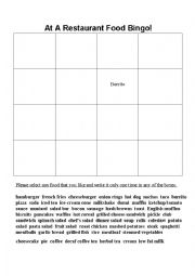 English Worksheet: Restaurant Food Bingo