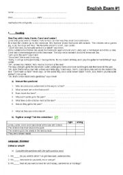 English Worksheet: exam 6th grade (school subjects, simple present, present continuous)