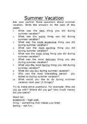 Summer vacation question sheet