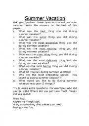 English Worksheet: Summer vacation question sheet