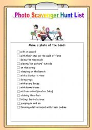 English Worksheet: Music Band Photo Scavenger Hunt