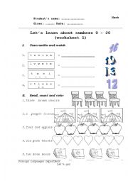 English Worksheet: Number 0 to 20