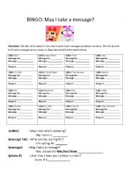 English Worksheet: Telephone messages Bingo Game