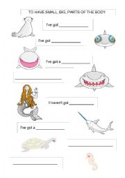 English Worksheet: verb to have with adjectives small, big and parts of the bory