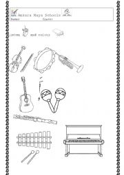 English Worksheet: Music instruments and colours (look, say, listen, colour)