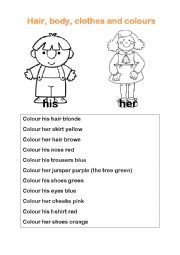 English Worksheet: His, Her Colour clothes, body, hair