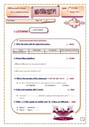 English Worksheet: mid-term-test1: 1st form
