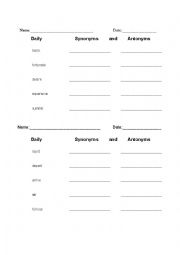 English Worksheet: Daily Synonyms and Antonyms 2
