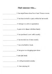 English Worksheet: Find Someone Who...