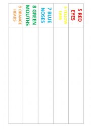 A simple cut and paste worksheet to practice parts of the face, colours and numbers 1 - 5.