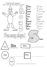 English Worksheet: Colors Numbers and Shapes