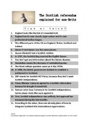 English Worksheet: Listening/ Watching Comprehension about the Scottish Referendum