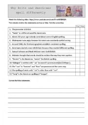 English Worksheet: Listening/ Watching Comprehension about American and British spelling