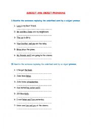 English Worksheet: SUBJECT AND OBJECT PRONOUNS